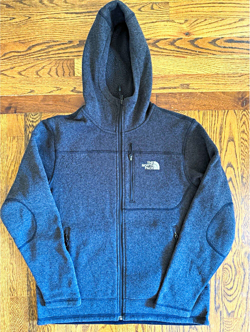 The North Face Mens M Gray Full Zip Fleece Hoodie Logo Hood Pockets